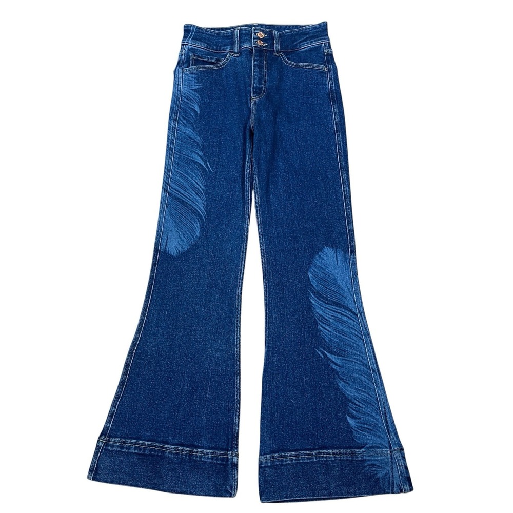 Nishat Mills Feather Print Flare Jeans Womens 2 (26x31) Stretch Denim High Rise